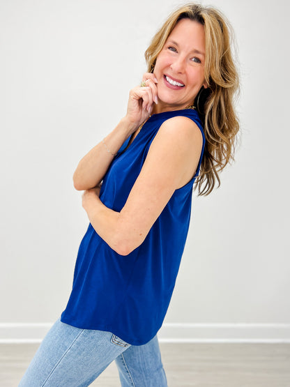 Sleeveless Lizzy Top with Mandarin Collar in Navy