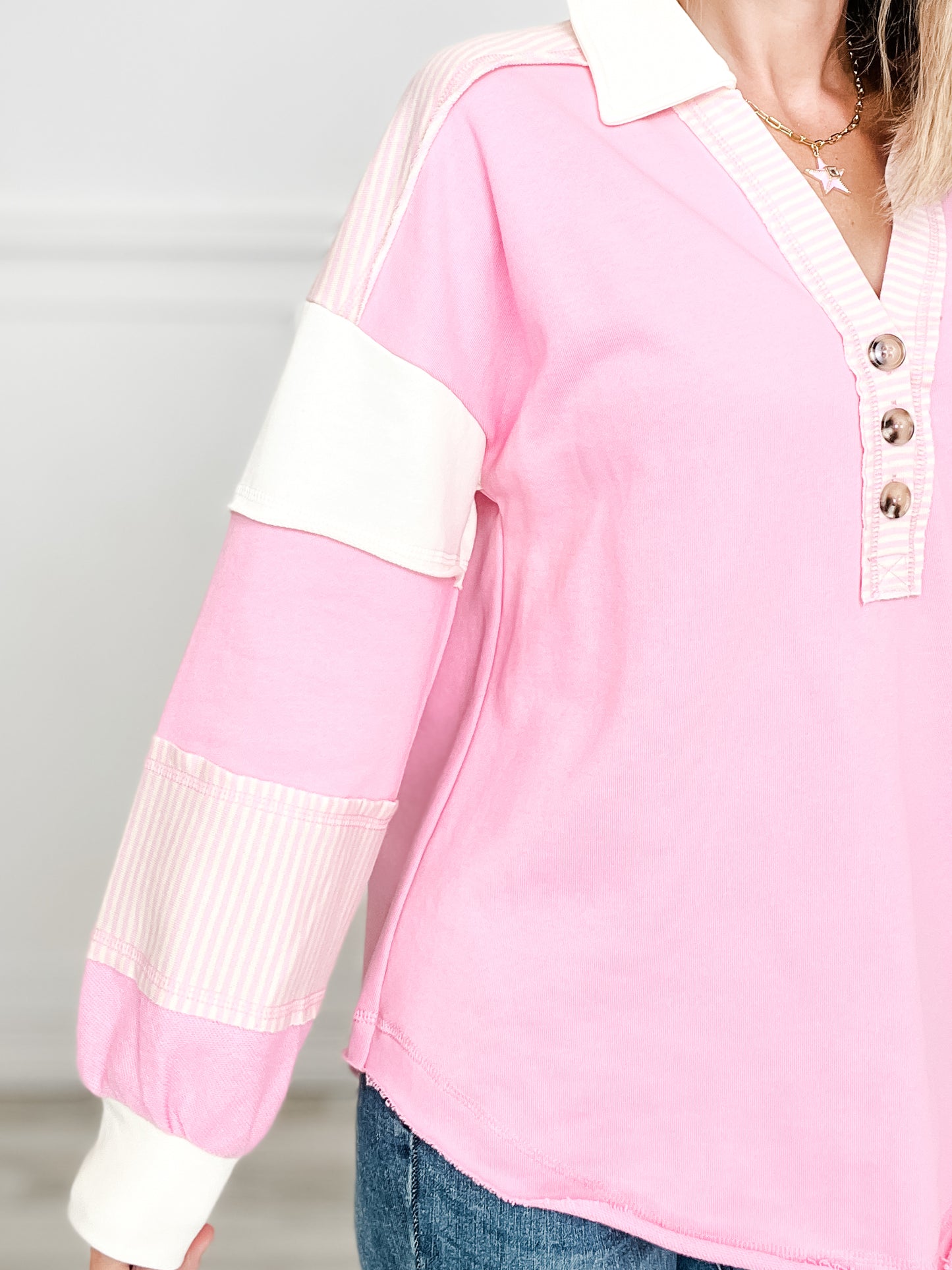 Color Block Long Sleeve Henley Style Oversized Top with Collar