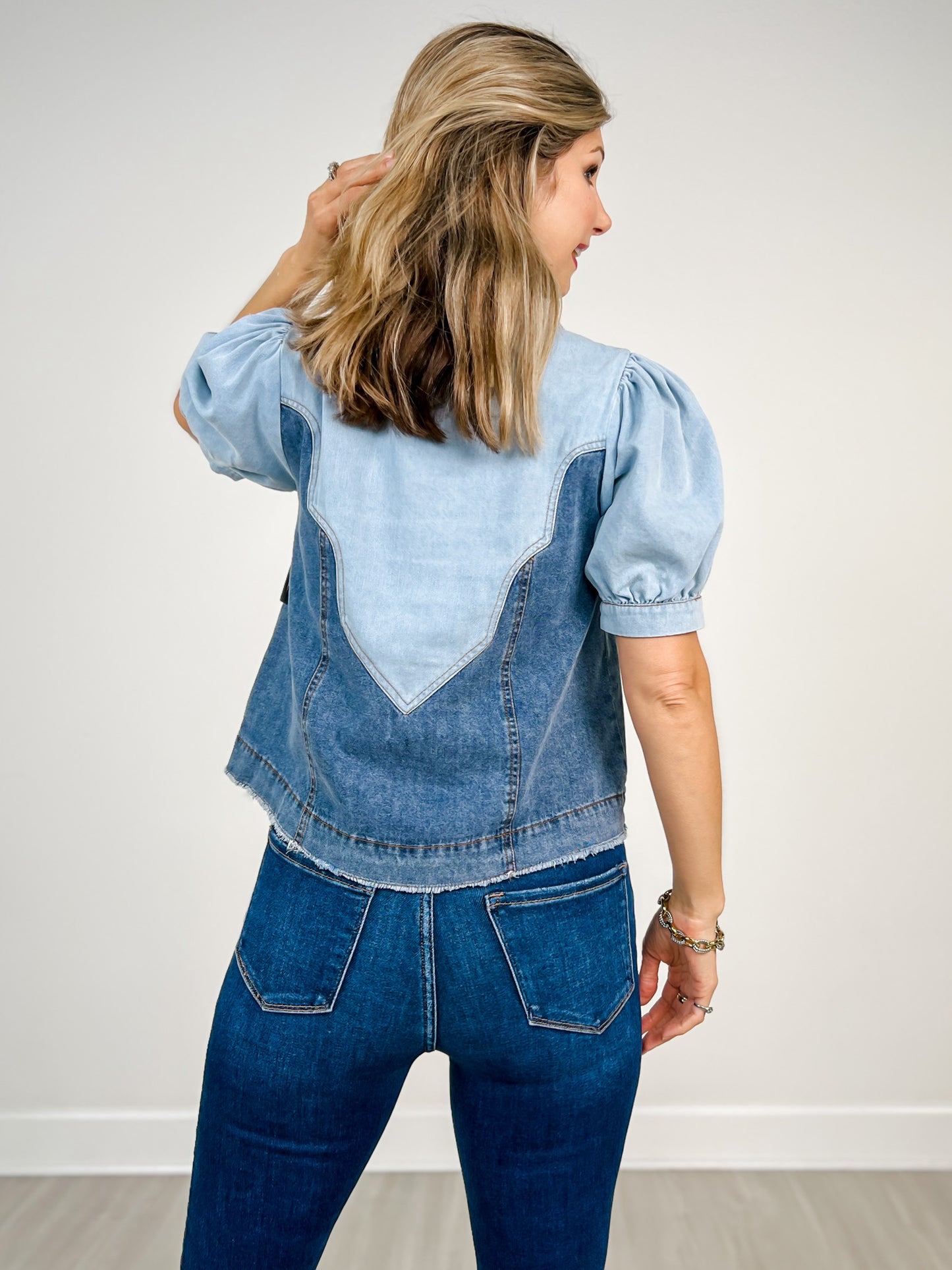 Puff Sleeve Button Down Washed Denim Top