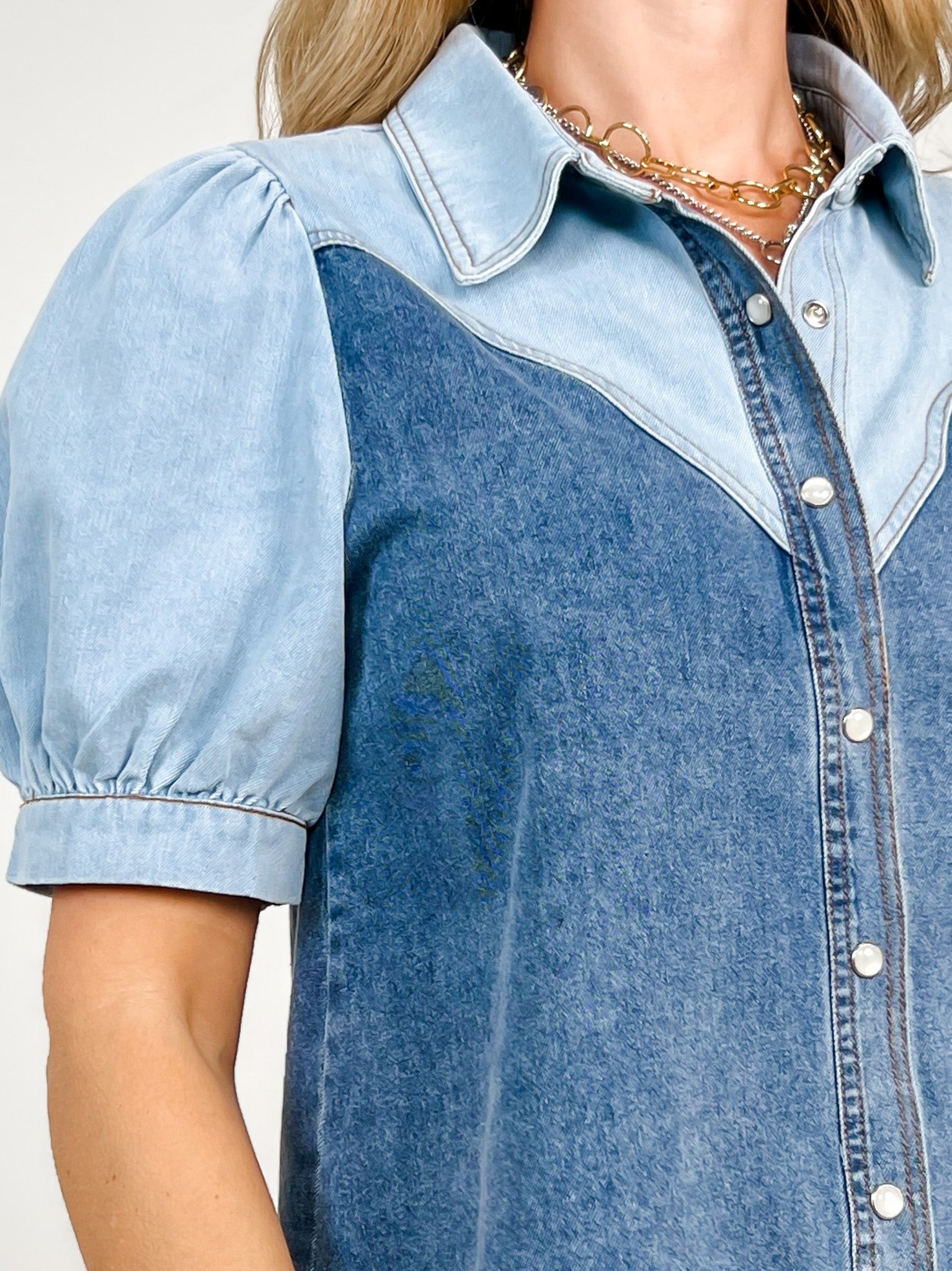 Puff Sleeve Button Down Washed Denim Top