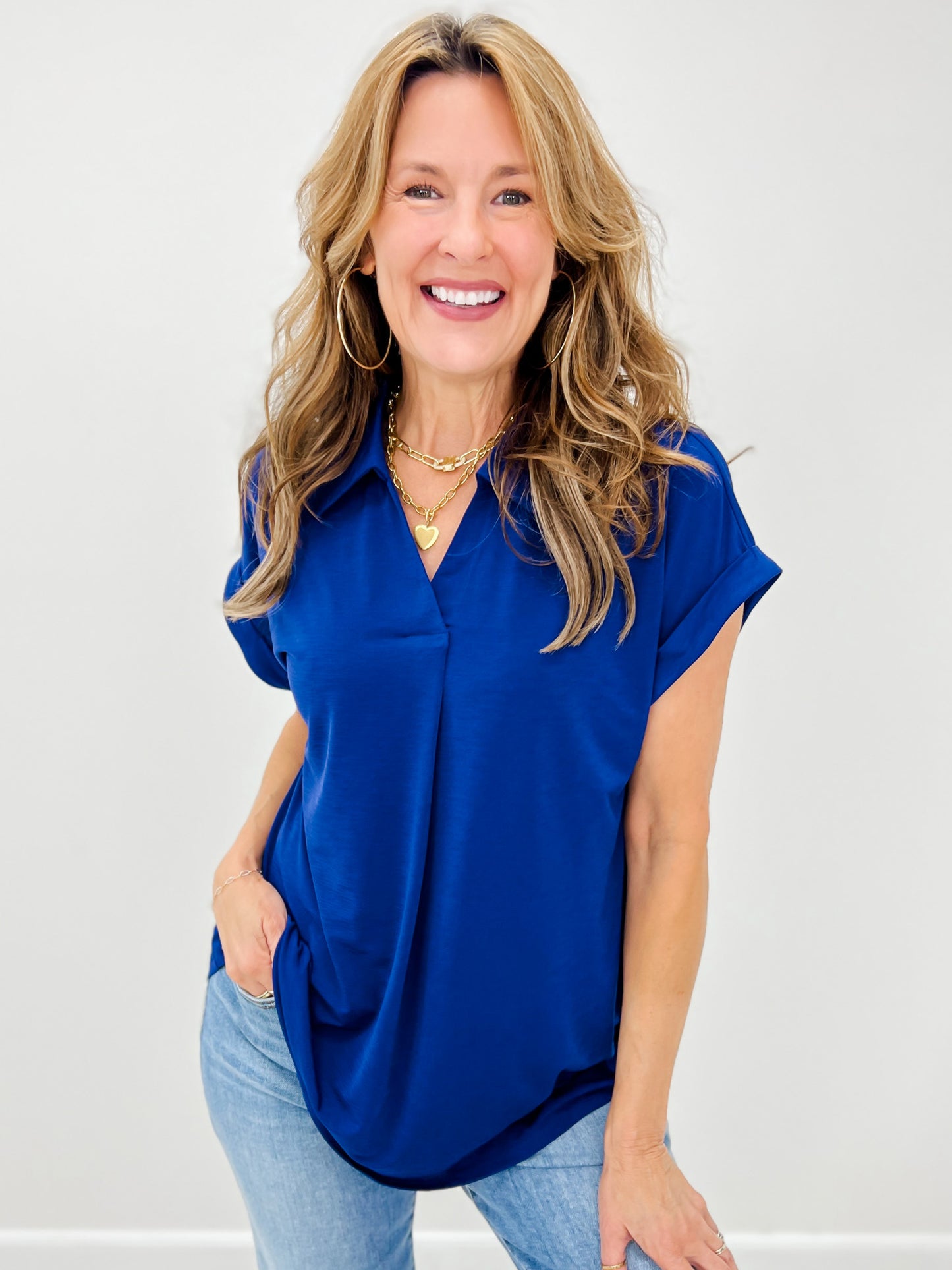 Sea You Soon Short Sleeve Collared Top in Navy