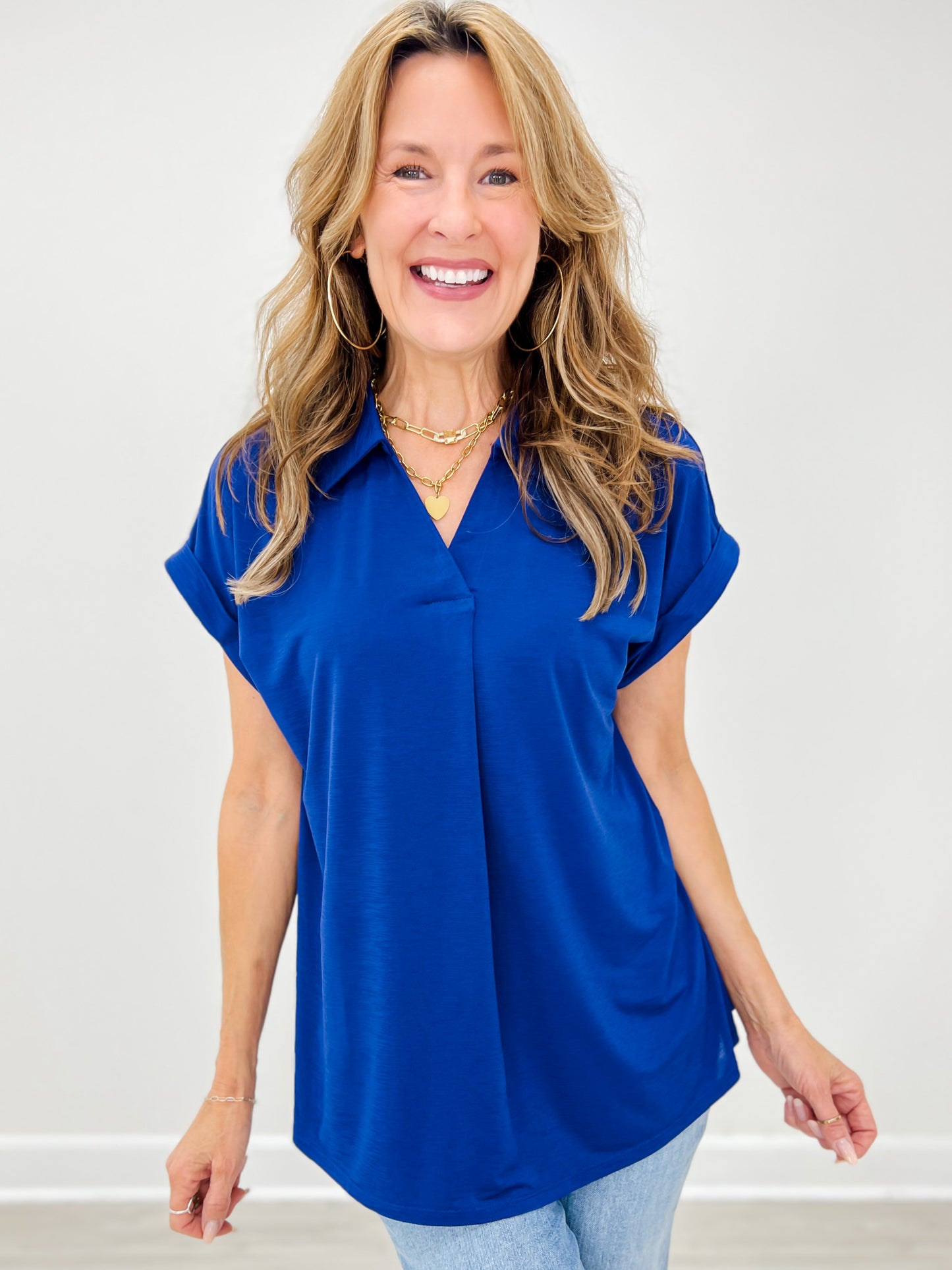 Sea You Soon Short Sleeve Collared Top in Navy