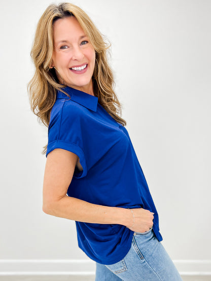 Sea You Soon Short Sleeve Collared Top in Navy