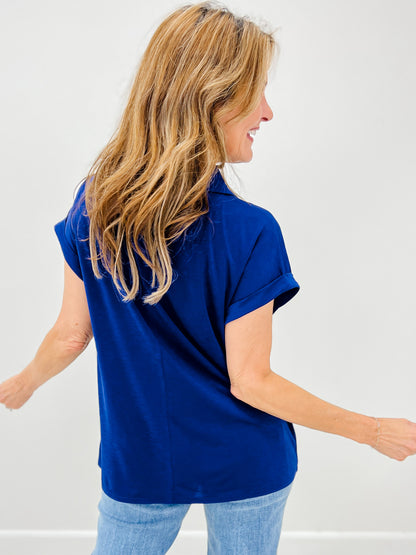 Sea You Soon Short Sleeve Collared Top in Navy