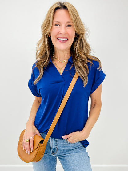 Sea You Soon Short Sleeve Collared Top in Navy