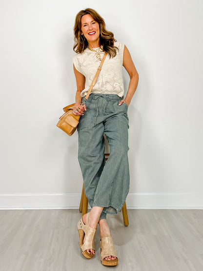 Stripe Denim Waist Tie Parachute Pants