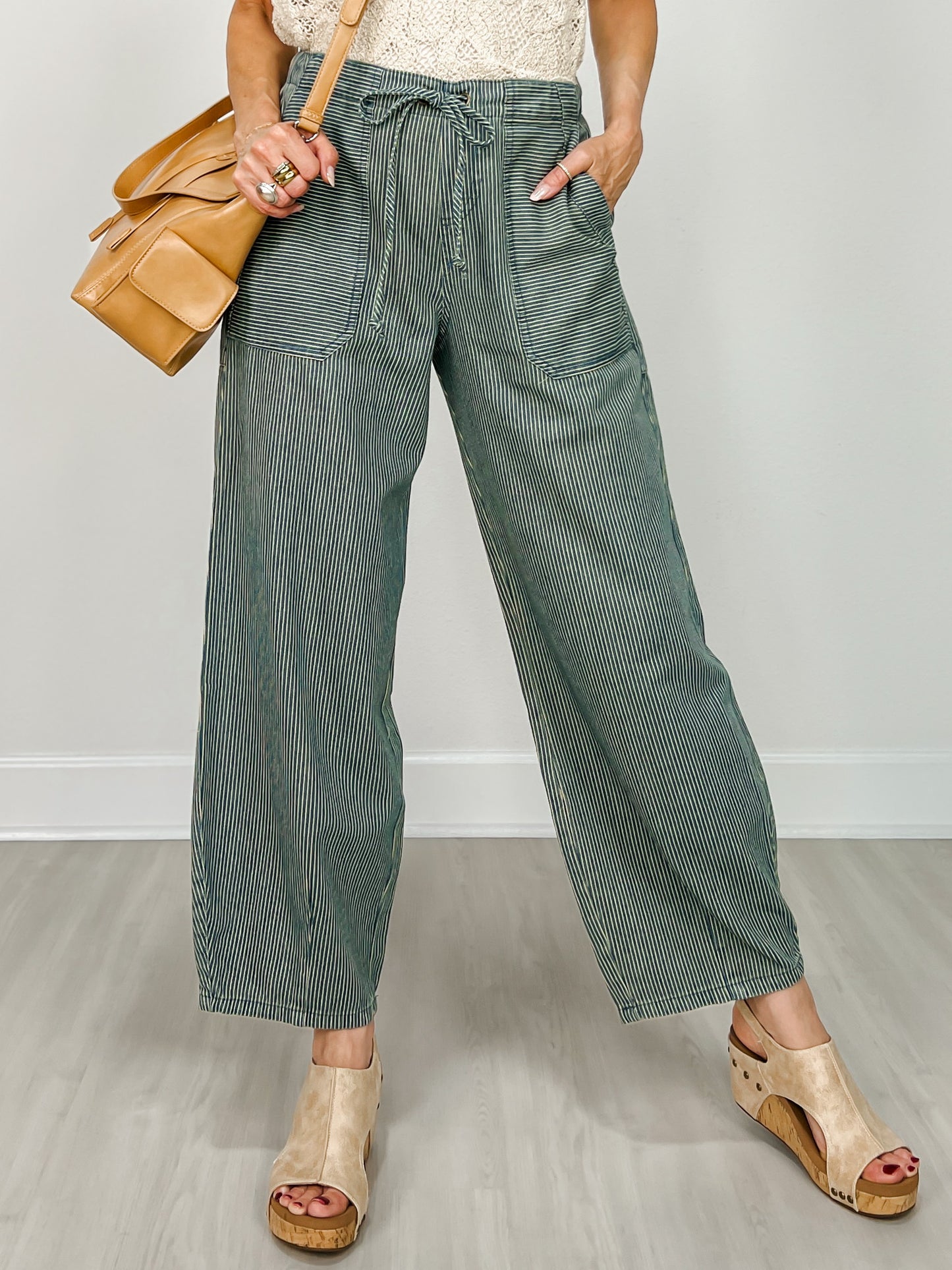 Stripe Denim Waist Tie Parachute Pants