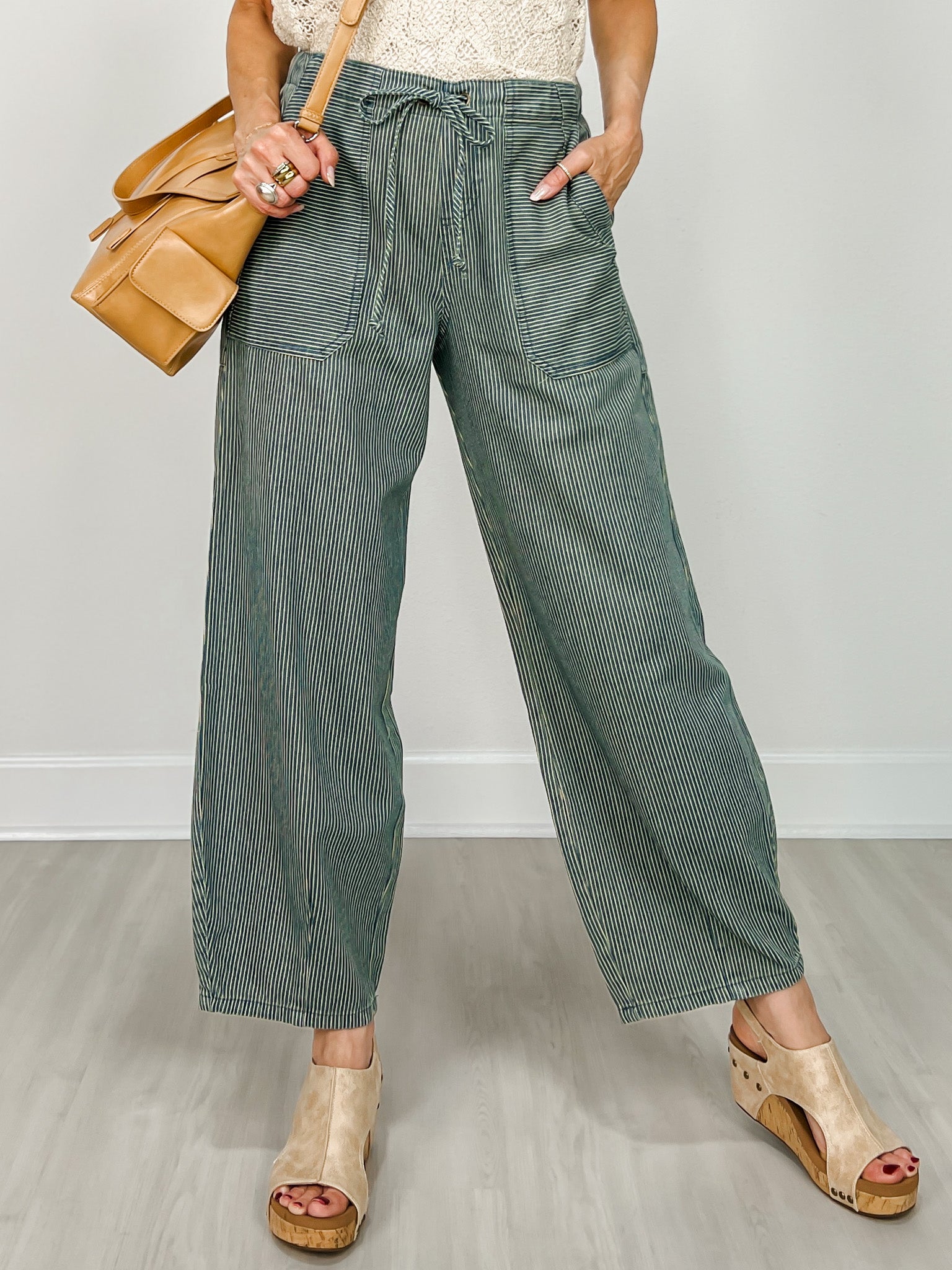 Stripe Denim Waist Tie Parachute Pants