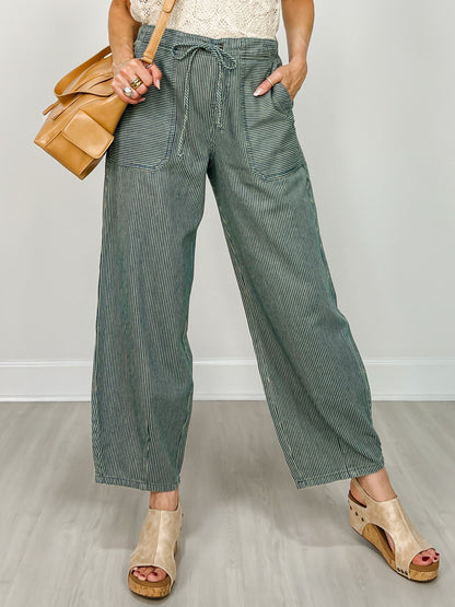 Stripe Denim Waist Tie Parachute Pants