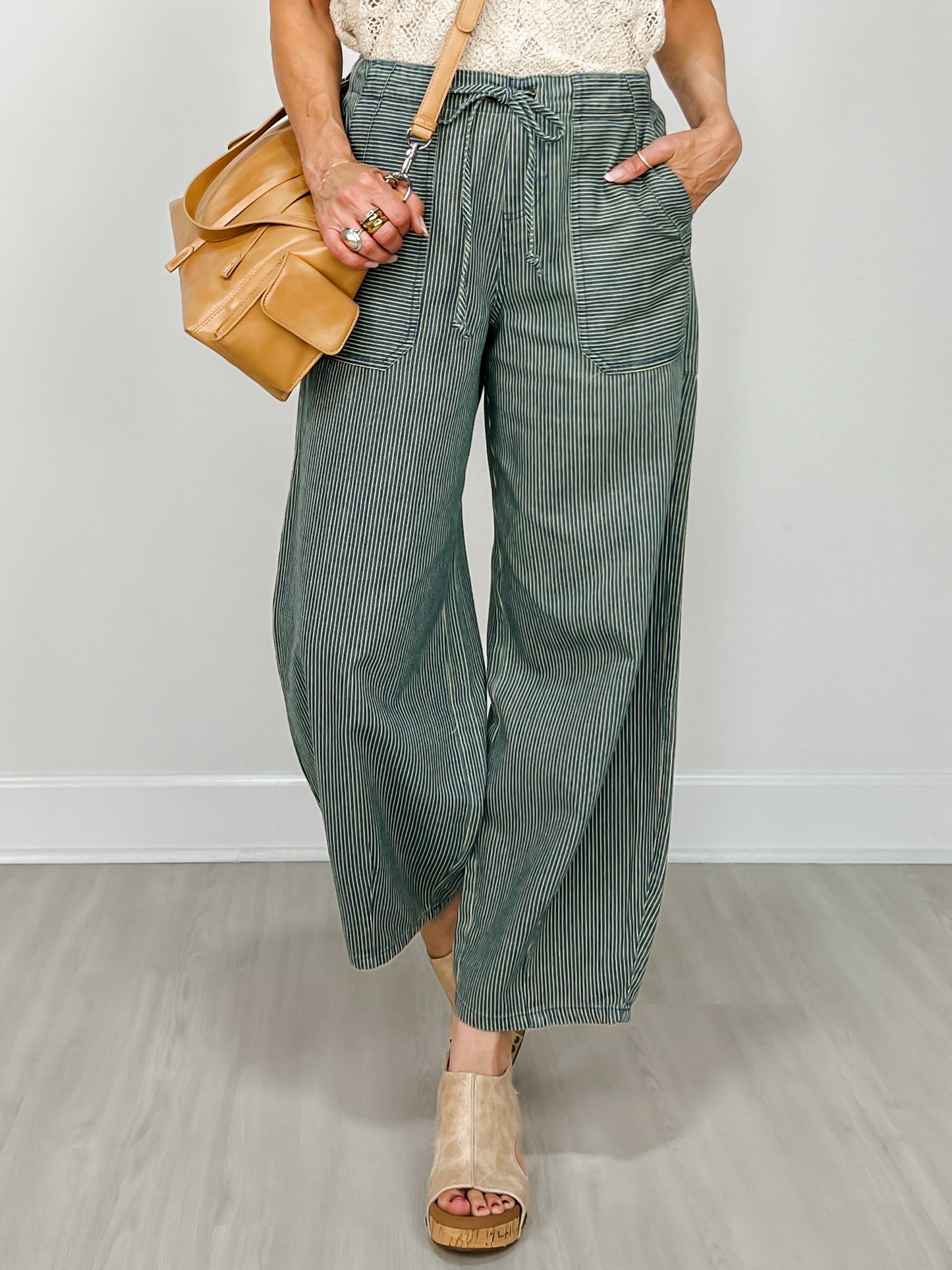 Stripe Denim Waist Tie Parachute Pants