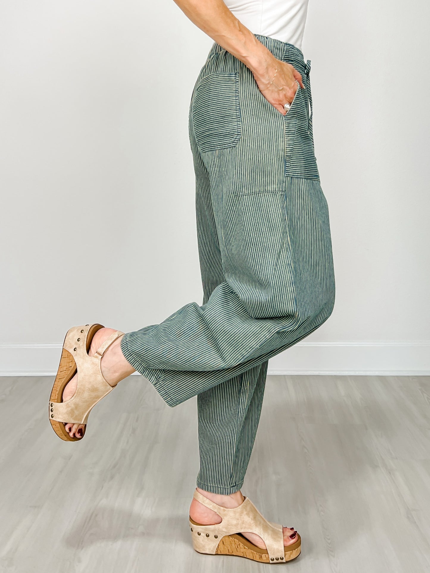 Stripe Denim Waist Tie Parachute Pants