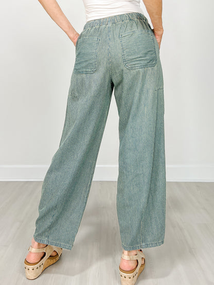 Stripe Denim Waist Tie Parachute Pants