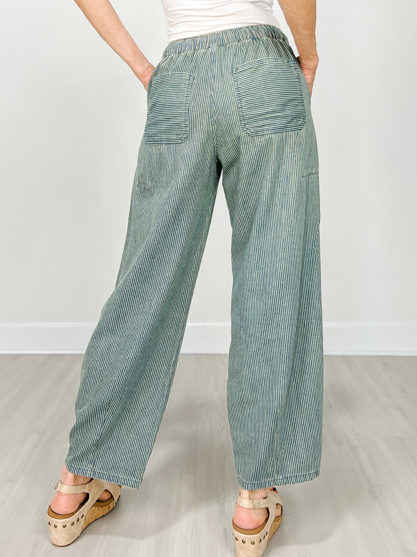 Stripe Denim Waist Tie Parachute Pants