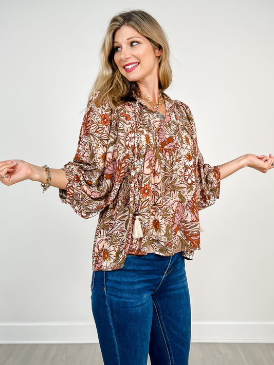 3/4 Sleeve Bohemian Floral Peasant Top