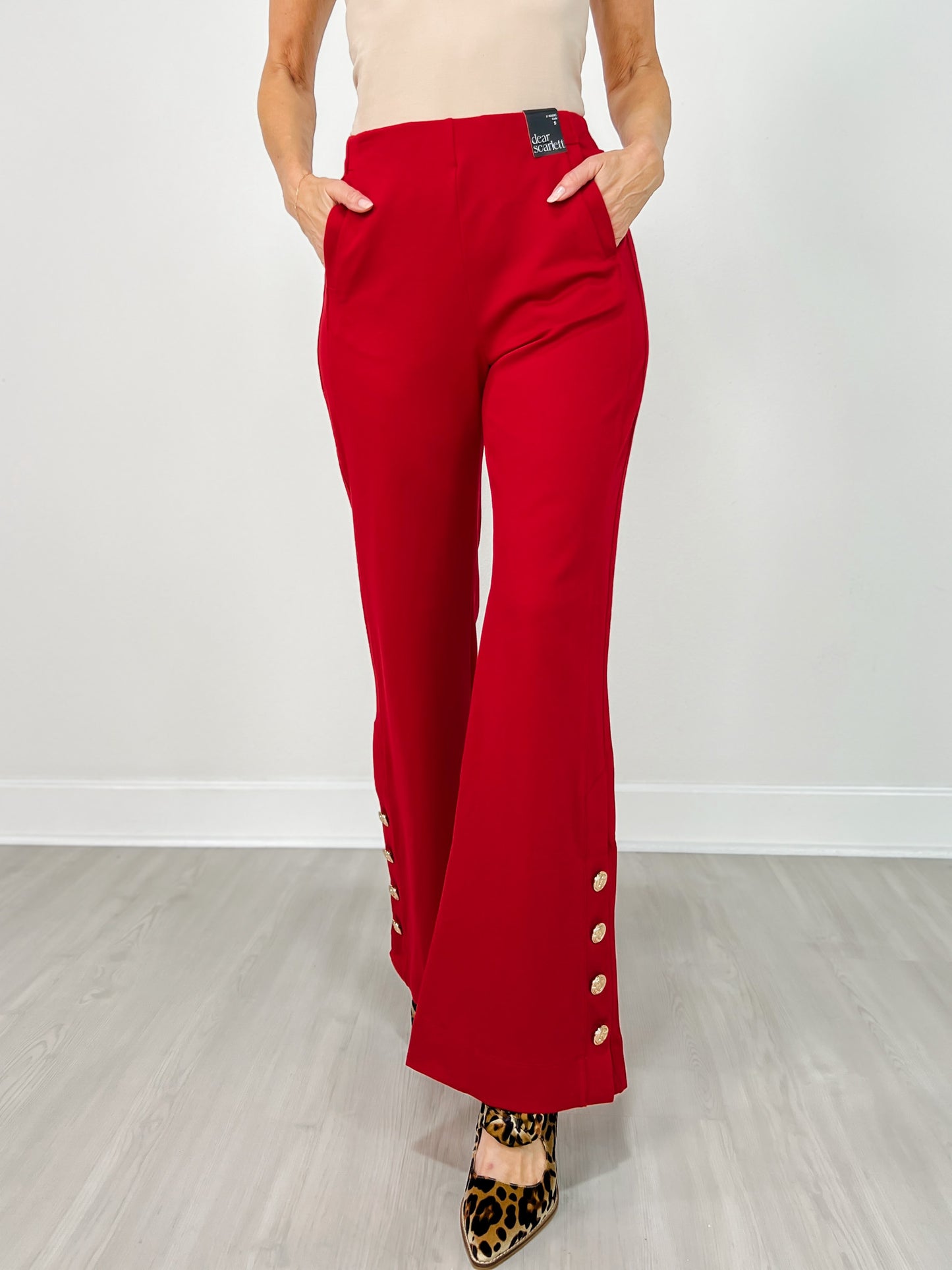 Gold Button Hem Gala Pants with Side Pockets in Red