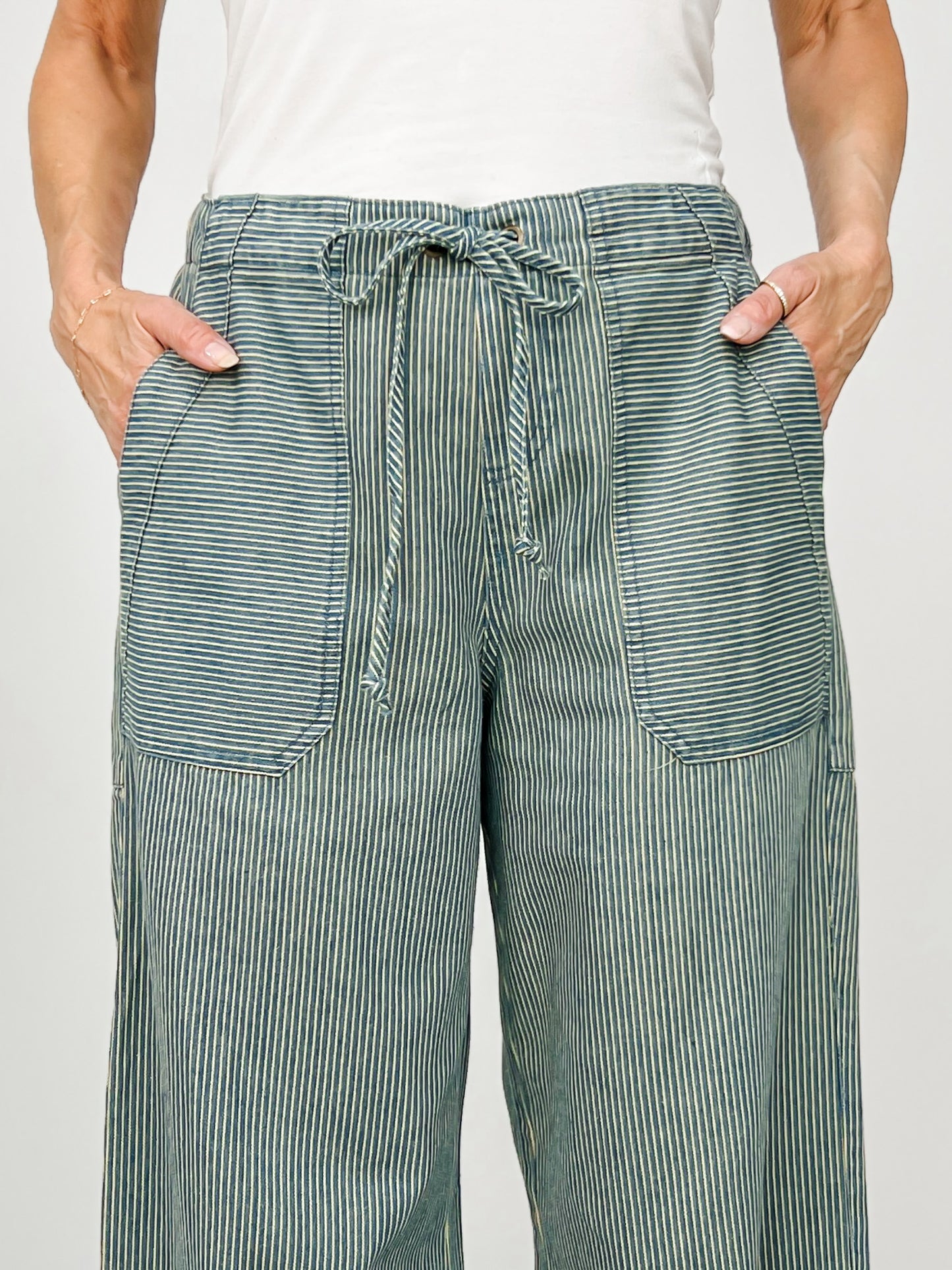 Stripe Denim Waist Tie Parachute Pants