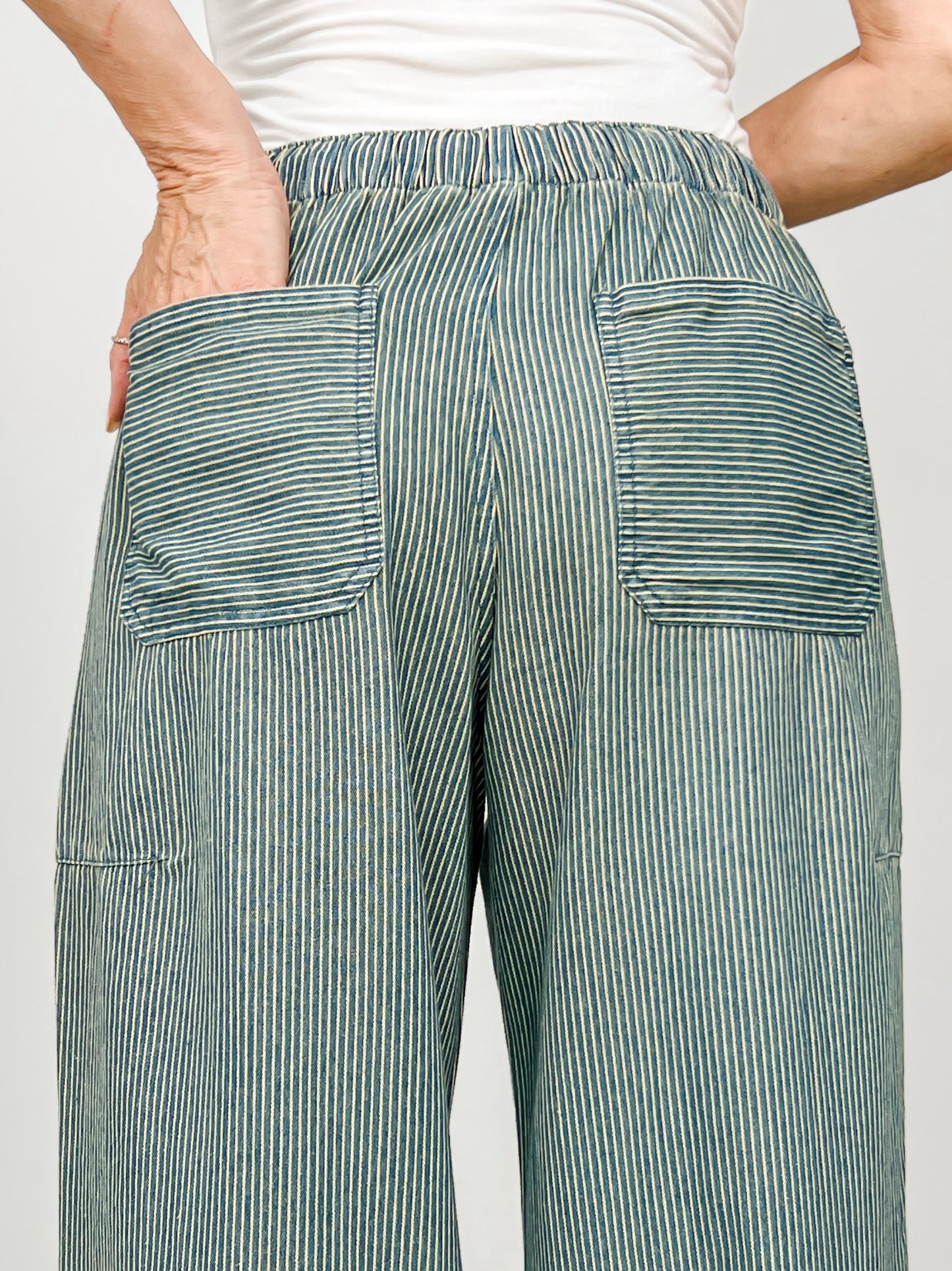 Stripe Denim Waist Tie Parachute Pants