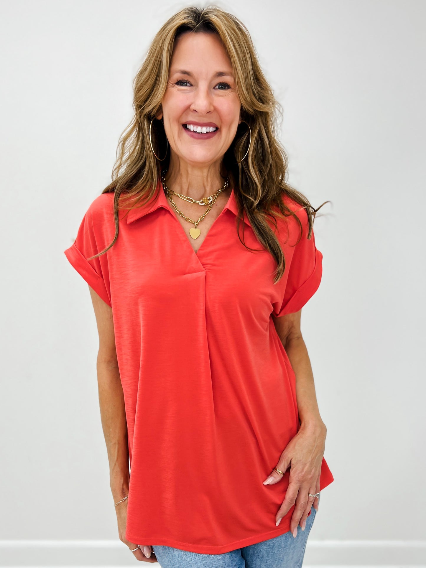 Sea You Soon Short Sleeve Collared Top in Hot Coral