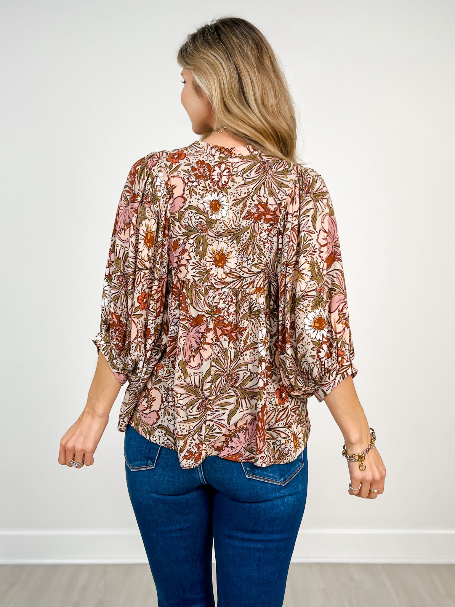 3/4 Sleeve Bohemian Floral Peasant Top