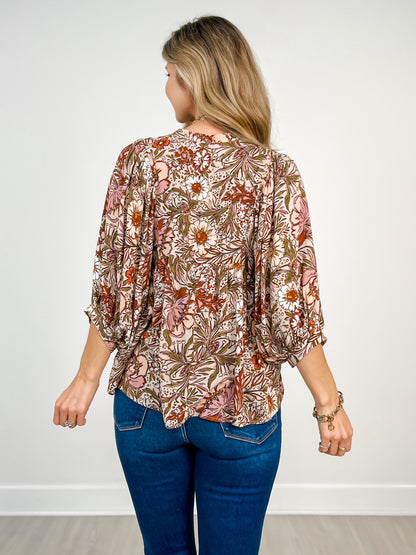 3/4 Sleeve Bohemian Floral Peasant Top