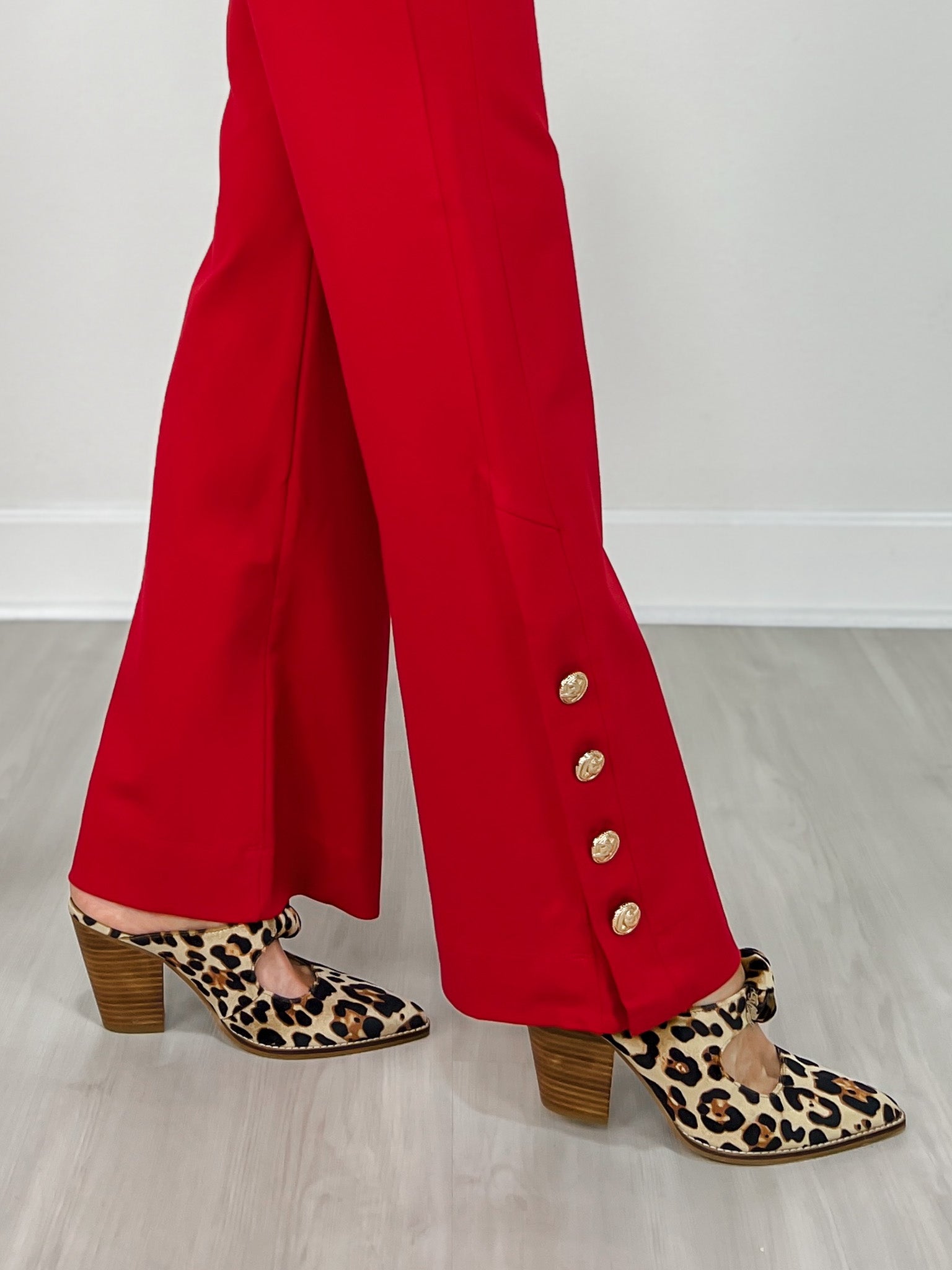 Gold Button Hem Gala Pants with Side Pockets in Red