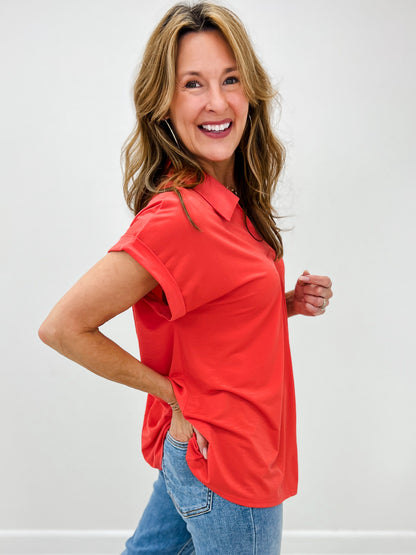 Sea You Soon Short Sleeve Collared Top in Hot Coral