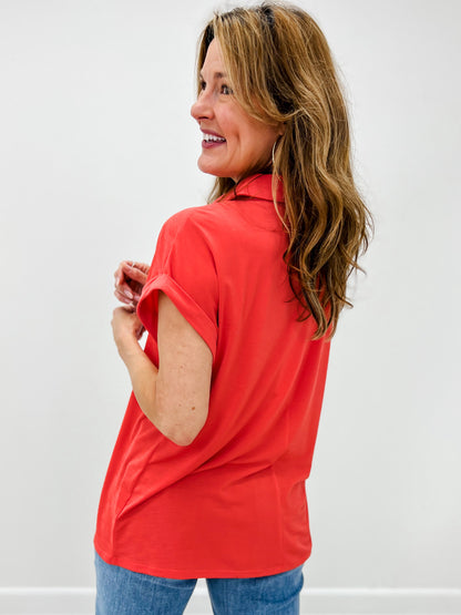 Sea You Soon Short Sleeve Collared Top in Hot Coral