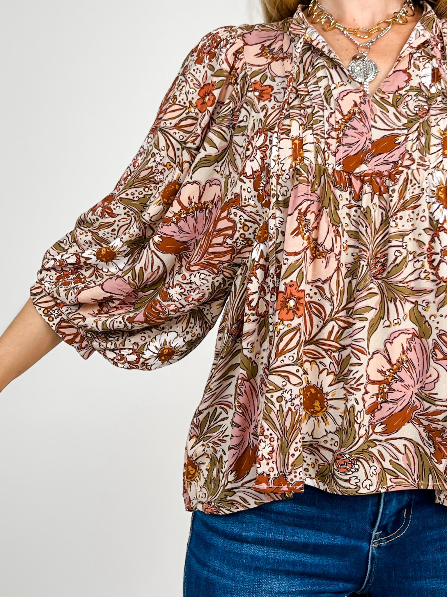 3/4 Sleeve Bohemian Floral Peasant Top