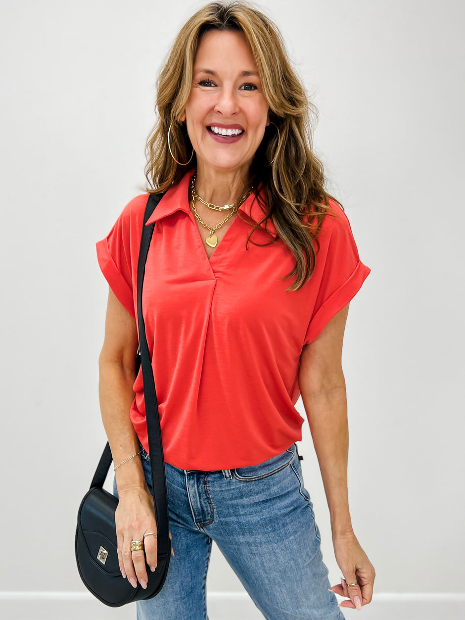 Sea You Soon Short Sleeve Collared Top in Hot Coral