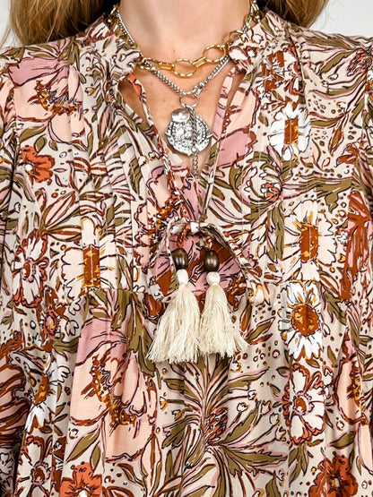 3/4 Sleeve Bohemian Floral Peasant Top