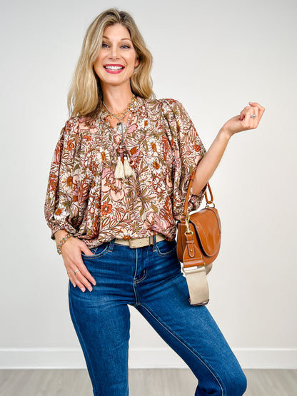 3/4 Sleeve Bohemian Floral Peasant Top