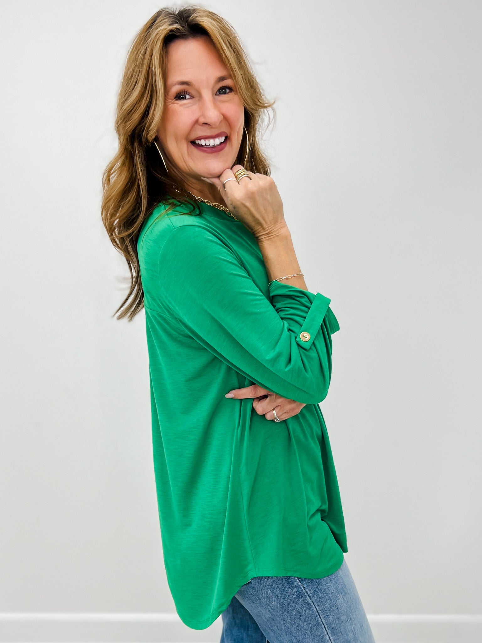 Lizzy 3/4 Sleeve Mandarin Collar V-Neck Top