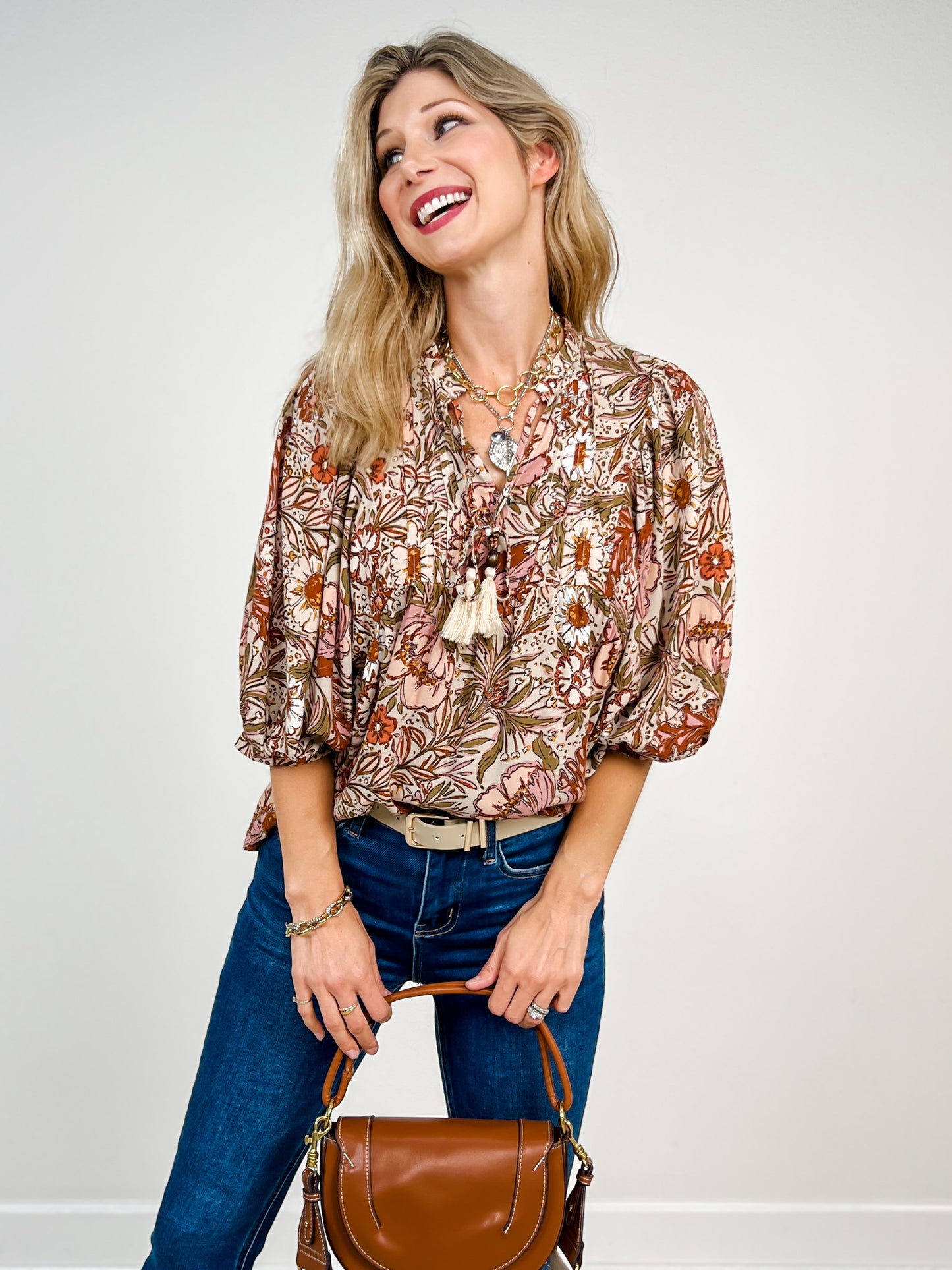 3/4 Sleeve Bohemian Floral Peasant Top
