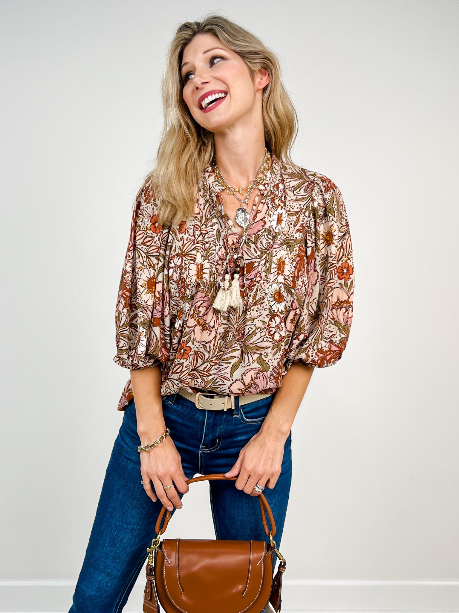 3/4 Sleeve Bohemian Floral Peasant Top