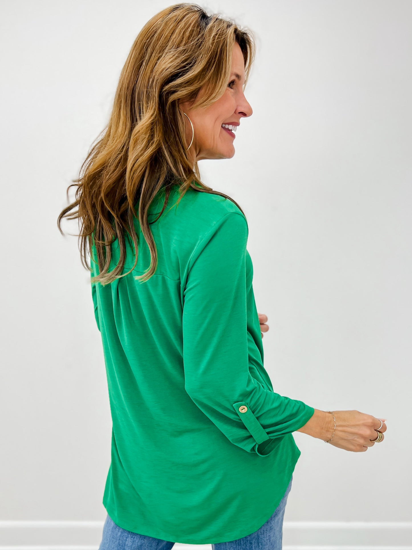 Lizzy 3/4 Sleeve Mandarin Collar V-Neck Top