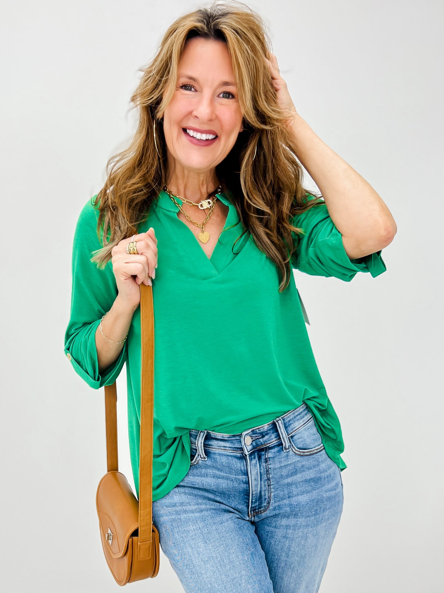 Lizzy 3/4 Sleeve Mandarin Collar V-Neck Top