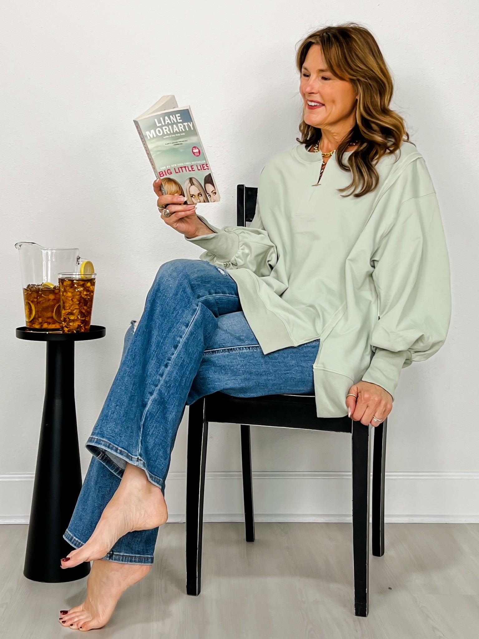 Loose Fit Long Sleeve Top With V-front Neck Slit
