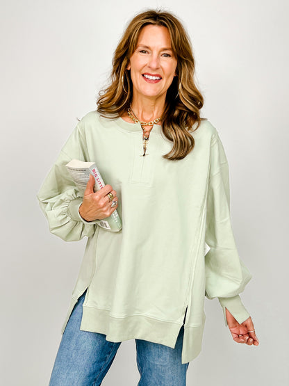 Loose Fit Long Sleeve Top With V-front Neck Slit
