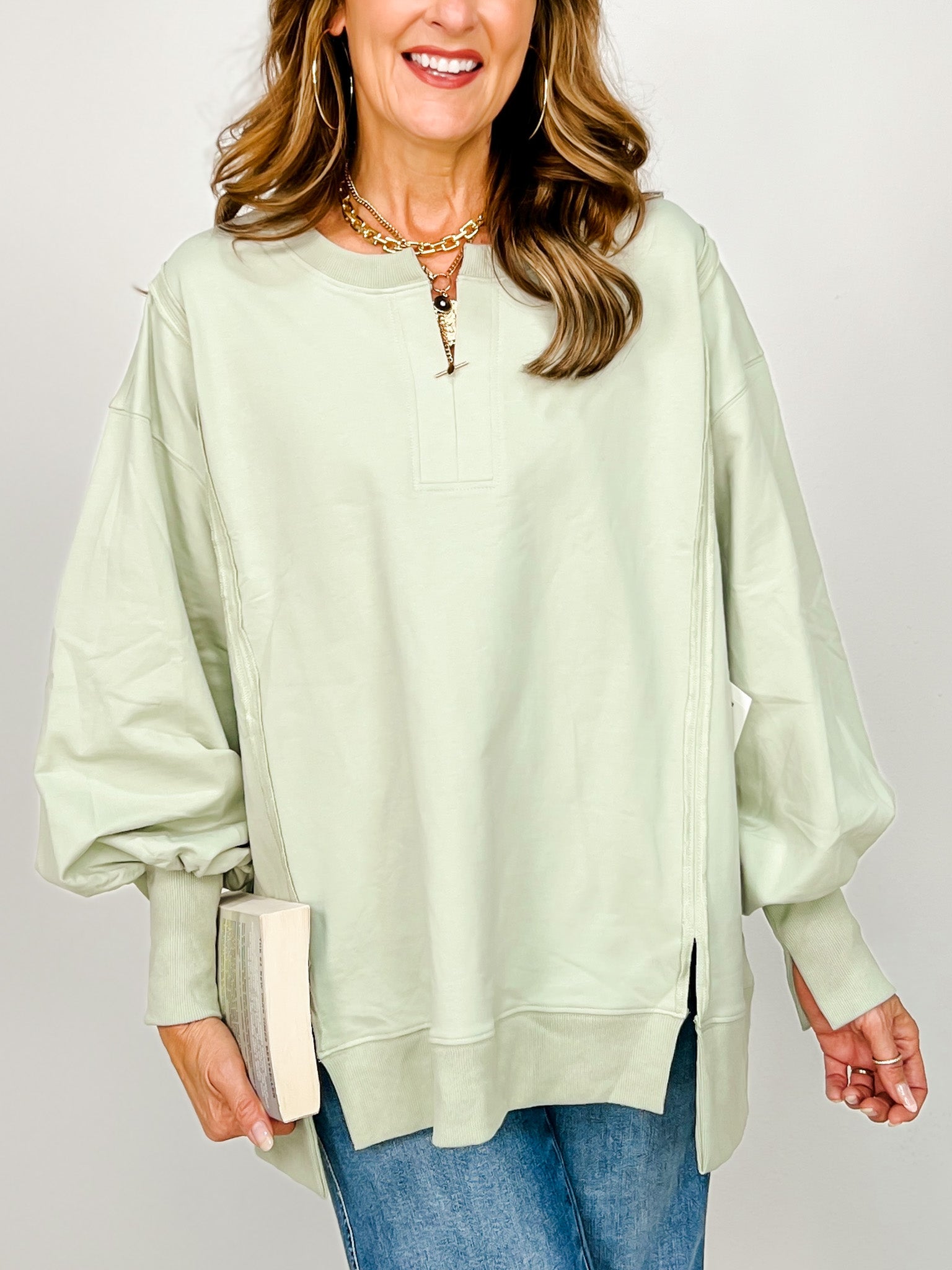 Loose Fit Long Sleeve Top With V-front Neck Slit
