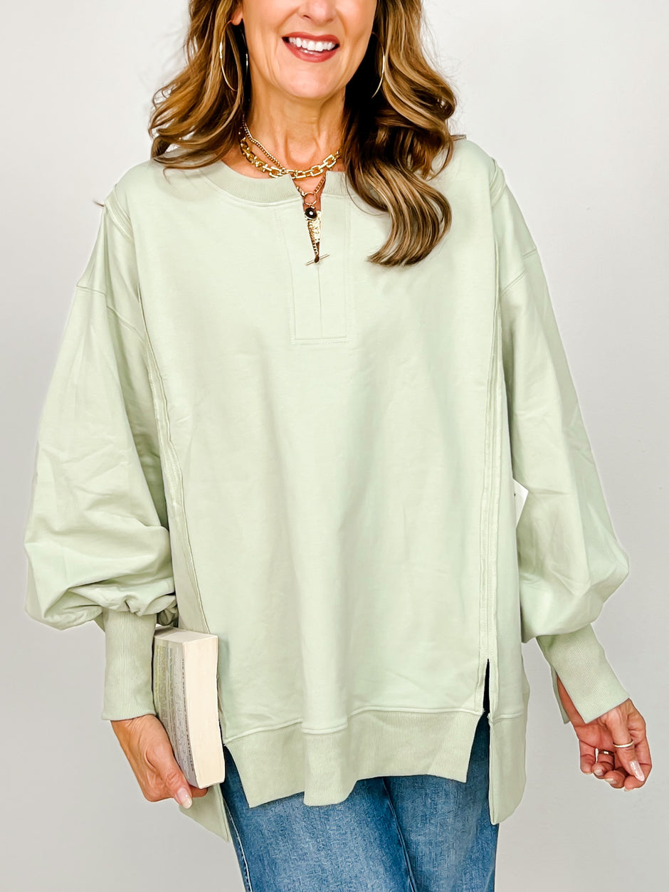 Loose Fit Long Sleeve Top With V-front Neck Slit