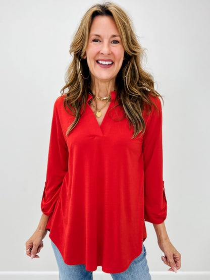 Lizzy 3/4 Sleeve Mandarin Collar V-Neck Top
