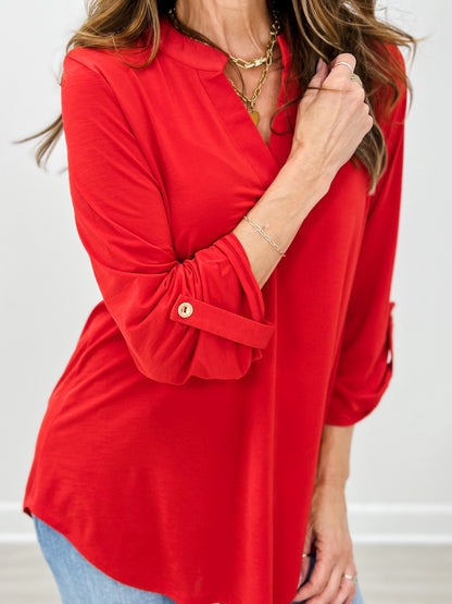 Lizzy 3/4 Sleeve Mandarin Collar V-Neck Top