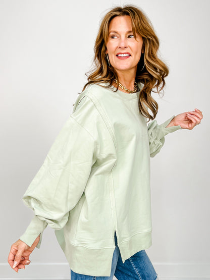 Loose Fit Long Sleeve Top With V-front Neck Slit