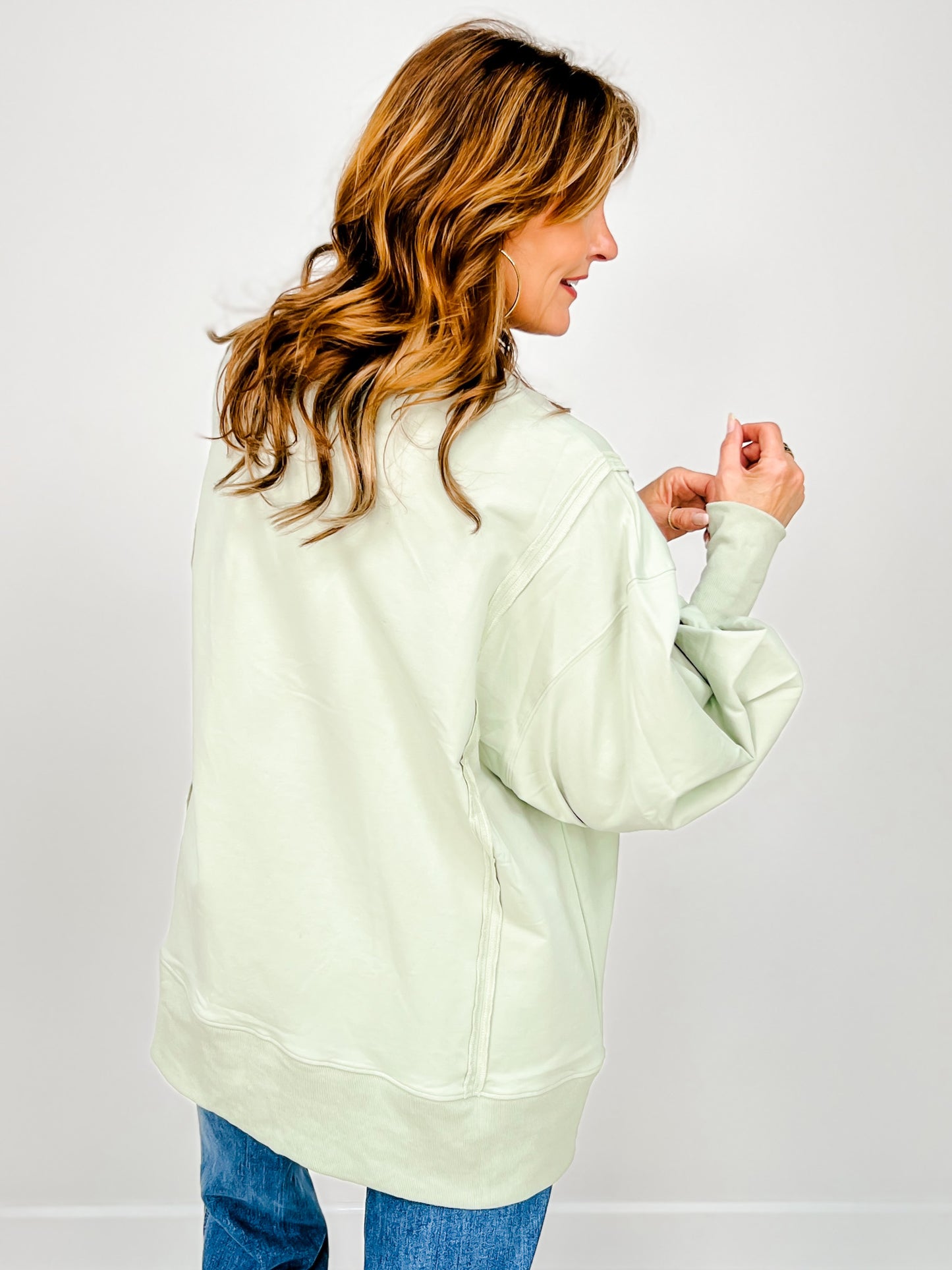 Loose Fit Long Sleeve Top With V-front Neck Slit