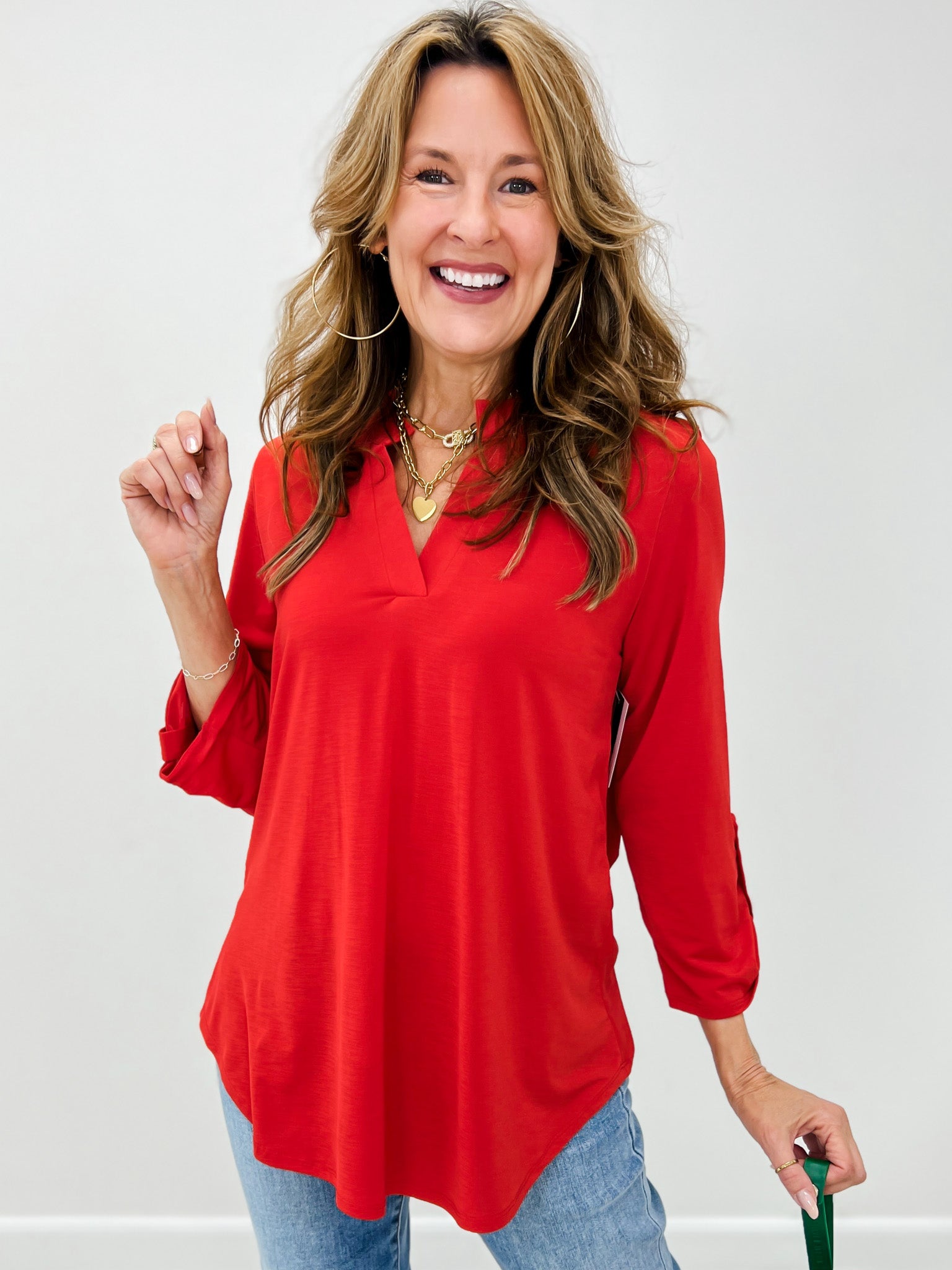 Lizzy 3/4 Sleeve Mandarin Collar V-Neck Top