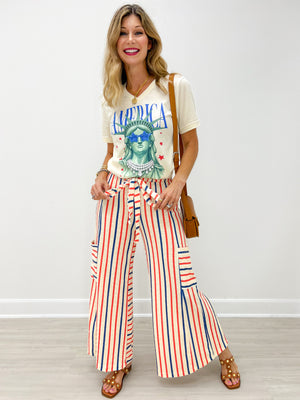 Red and Blue Striped Wide Leg Pants with Drawstring Waistband