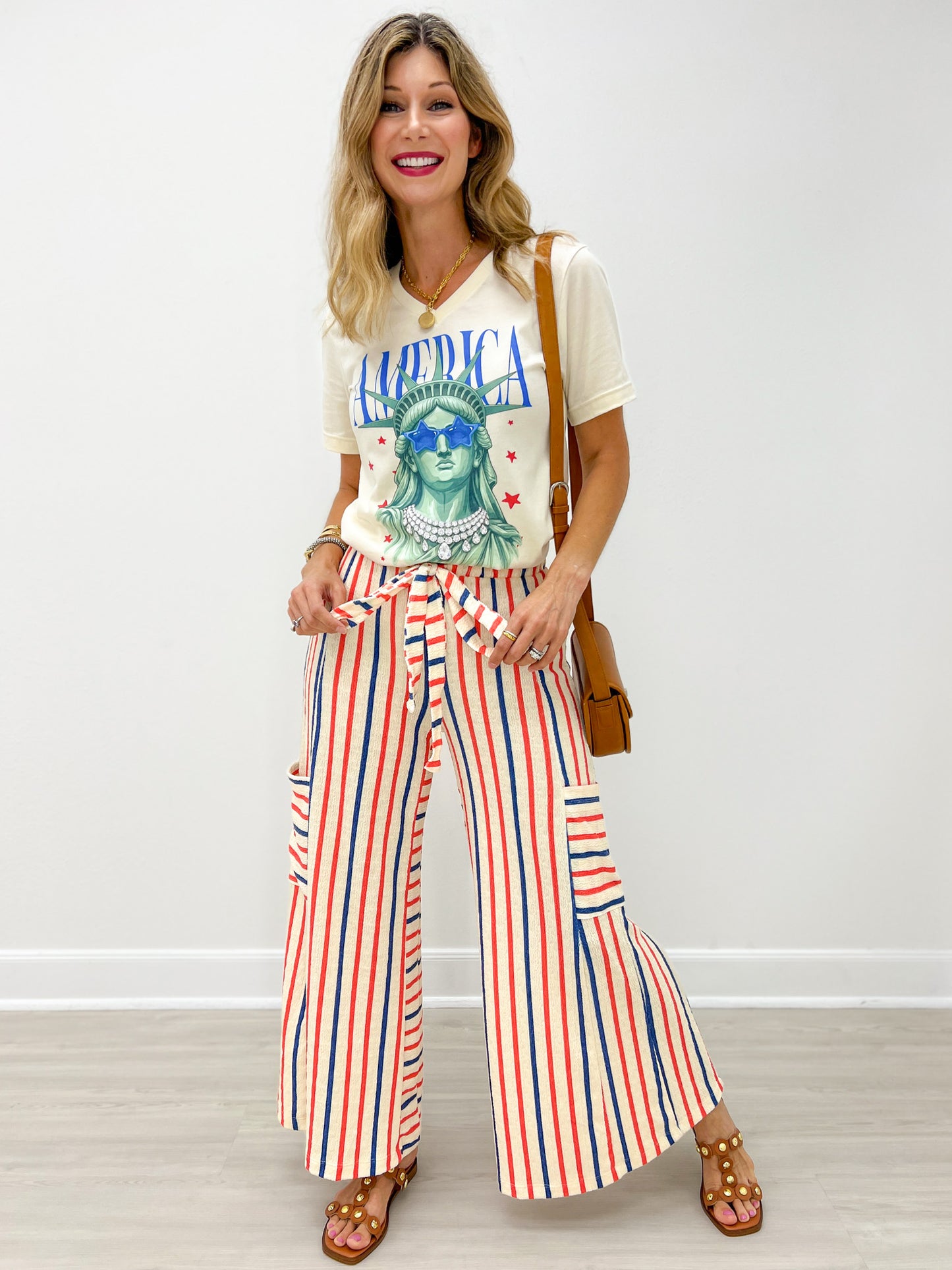 Red and Blue Striped Wide Leg Pants with Drawstring Waistband