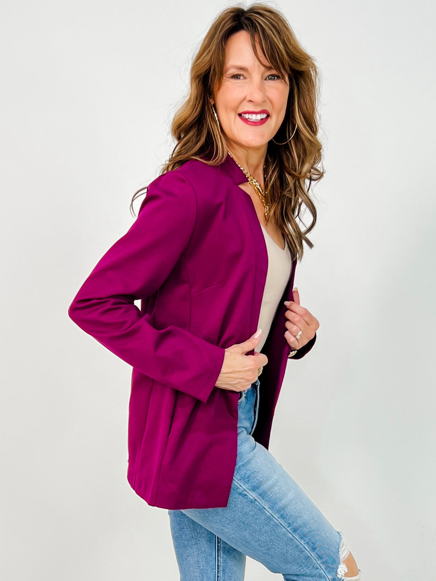 Boyfriend Fit Button Closure Executive Blazer in Merlot