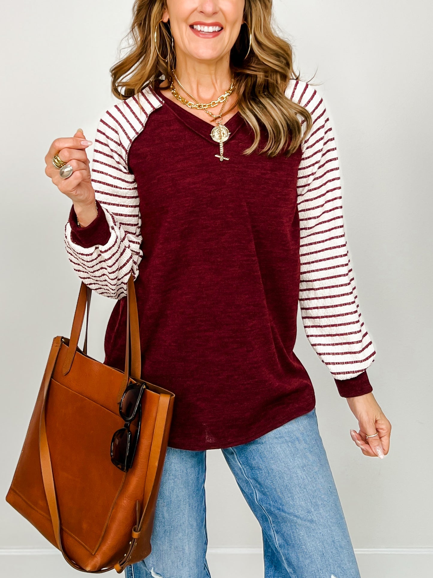 Long Puff Sleeve Solid And Stripe Top