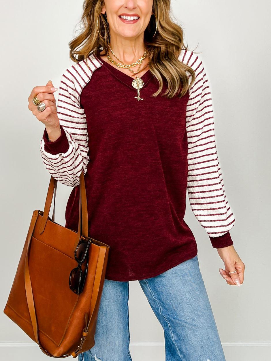 Long Puff Sleeve Solid And Stripe Top